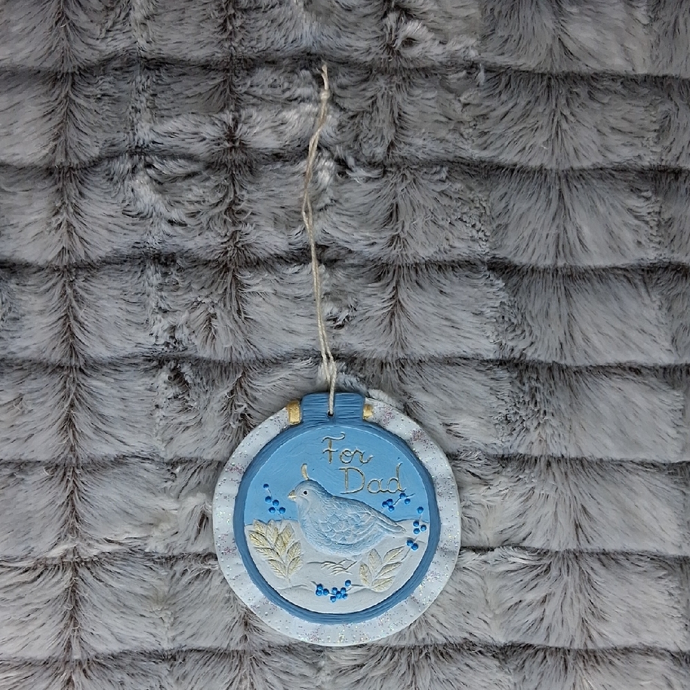 Vintage 1990 ''For Dad" Blue and White Hanging Ceramic Festive Holiday Ornament